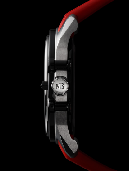 montre phénix de profil , bracelet caoutchouc rouge